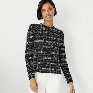 Ann Taylor Black White Tweed Puff Sleeve Shell Top Long Sleeve Fringed Size S